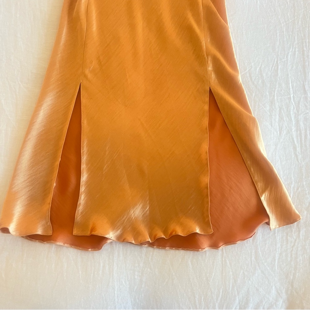 ASOS Orange Satin High Waist Midi Skirt with double side slits - Picture 6 of 7